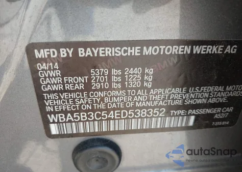 2014 BMW 535I xDrive из США, поврежденный, VIN WBA5B3C54ED538352